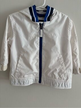 Gap White Baby Hooded Windbreaker Jacket Hood with Blue Trim 18-24 month